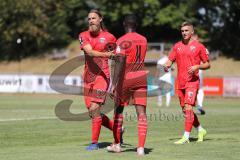 3. Liga - Testspiel - VfR Garching - FC Ingolstadt 04 - links Tor Jubel 0:1 Björn Paulsen (4, FCI) mit Agyemang Diawusie (11, FCI) Patrick Sussek (37, FCI)