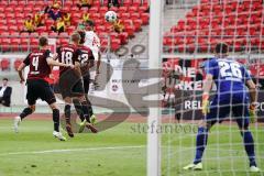 Relegation - 1. FC Nürnberg - FC Ingolstadt 04 - Caniggia Ginola Elva (14, FCI) zum Tor mit dem Kopf, Torwart Mathenia Christian (1. FCN, 26) Sörensen Asger (1. FCN, 4) Behrens Hanno (1. FCN, 18)Valentini Enrico (1. FCN, 22)