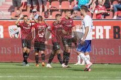 3. Liga - FC Ingolstadt 04 - KFC Uerdingen 05 - Spiel ist aus, erster Heimsieg der Saison 2:1, die Spieler gratulieren sich Dominik Franke (3 FCI) Robin Krauße (23, FCI) Patrick Sussek (37, FCI) Filip Bilbija (35, FCI)