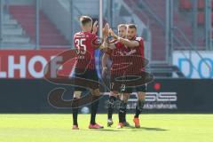 3. Fußball-Liga - Saison 2020/2021 - FC Ingolstadt 04 -  KFC Uerdingen - Filip Bilbija (#35,FCI)  - Robin Krausse (#23,FCI)  - Michael Heinloth (#17,FCI)  klatschen sich vor dem Spiel ab - Foto: Meyer Jürgen