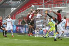 3. Fußball-Liga - Saison 2020/2021 - FC Ingolstadt 04 - SC Verl - Ganiggia Ginola Elva (#14,FCI)  - Björn Paulsen (#4,FCI)  beim Kopfball - Robin Brüseke Torwart (#32 Verl) - Foto: Meyer Jürgen