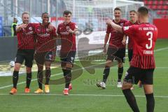 3. Fußball-Liga - Saison 2020/2021 - FC Ingolstadt 04 -  KFC Uerdingen - Ganiggia Ginola Elva (#14,FCI)  trifft zum 2:0 Führungstreffer - jubel - Beister Maximilian (#11,FCI) - Filip Bilbija (#35,FCI)  - Thomas Keller (#27,FCI)  - Dominik Franke (#3,FCI) 