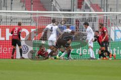 3. Fußball-Liga - Saison 2020/2021 - FC Ingolstadt 04 - SpVgg Unterhaching - Der 0:1 Führungstreffer durch Niclas Stierlin (#26 Unterhaching) - Torwart Fabijan Buntic (#24,FCI)  - Dominik Stroh-Engel #7 Unterhaching) - Michael Heinloth (#17,FCI)  - Foto: 