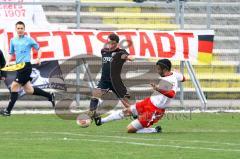 Regionalliga Bayern - FC Ingolstadt 04 II - FC Kickers Wuerzburg - Andreas Buchner wird von Daniel Donaldson gefoult. Foto: Adalbert Michalik