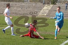 Regionalliga Bayern - Saison 2018/2019 - FC Ingolstadt 04 II - Viktoria Aschaffenburg - Lukas Gerlspeck rot FCI verpasst den Ball - Kevin Birk Torwart Aschaffenburg - Foto: Meyer Jürgen