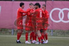 Bayernliga Süd - Saison 2022/2023 - FC Ingolstadt 04 - SV Kirchanschöring - Der 1:0 Führungstreffer durch Mussa Fofanah (Nr.7 - FCI II) - jubel - Fabio Riedl (Nr.24 - FCI II) rechts - Juan Ignacio Cabrera (Nr.27 - FCI II) - Ishak Karaogul (Nr.10 - FCI II)