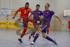 Lotto - Hallen - Bayerncup - Oberbayern -  Saison 2022/2023  - FC Fatih Ing - MTV Ingolstadt - 2:0 - Halbfinale - Deniz Sari #17 rot FC Fatih - Drazen Lovric #8 lila rechts MTV Ing - Foto: Meyer Jürgen