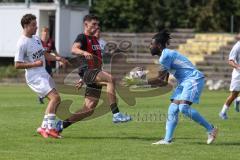 *** Bayernliga Nord - Saison 2025/26 - FC Ingolstadt 04 II - ATSV Erlangen - Ognjen Draculic (Nr.9 - FC Ingolstadt II) - Emmanuel Agyekum Torwart Erlangen - Foto: Meyer Jürgen