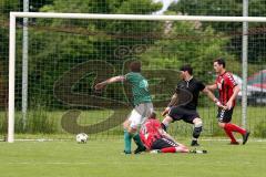 Kreisliga - TSV Baar Ebenhausen - FC Geisenfeld - Daniel Gmeiner #11 grün Geisenfeld mit Treffer zum 0:3 - Dominik Burghardt #2 rot Ebenhausen - Manuel Kirner Torwart Ebenhausen - Foto: Jürgen Meyer