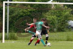 Kreisliga - TSV Baar Ebenhausen - FC Geisenfeld - Daniel Gmeiner #11 grün Geisenfeld mit Treffer zum 0:3 - Dominik Burghardt #2 rot Ebenhausen - Manuel Kirner Torwart Ebenhausen - Foto: Jürgen Meyer