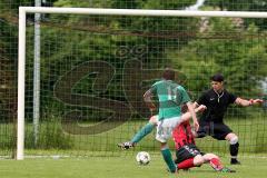 Kreisliga - TSV Baar Ebenhausen - FC Geisenfeld - Daniel Gmeiner #11 grün Geisenfeld mit Treffer zum 0:3 - Dominik Burghardt #2 rot Ebenhausen - Manuel Kirner Torwart Ebenhausen - Foto: Jürgen Meyer