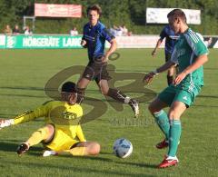 FC Gerolfing - SpVgg Feldmoching - rechts Thomas Schreiner kommt zu spät, Torwart Thomas Brunner ist schneller