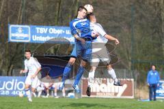 Kreisliga 1 TSV Ober/Unterhaunstadt - DJK Ingolstadt - Newald Marco (weiß Oberhaunstadt) im Kopfballduell mit Dormaier Florian (blau DJK Ingolstadt) - Foto: Jürgen Meyer