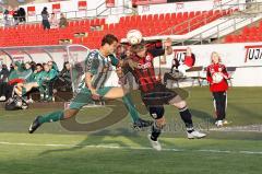 Roland Gercaliuim Kopfballduell mit einem Schweinfurter Gegenspieler. Aufgenommen am 29.04.2011 im Ingolstädter TUJA Stadion beim Spiel FCI 2 gegen FC Schweinfurt 05.