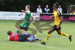 Landesliga 2015/16 - SV Manching -  SE Freising - Daniel Schachtner mit der Chance zum 2:0 Führungstreffer - Schlerf Dominik Torwart Freising - Miller Nelson #2 gelb Freising - Foto: Jürgen Meyer