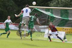 Landesliga 2015/16 - Relegation - SV Manching - SC Kirchheim - Loens Fabian #9 weiß Kirchheim trifft zum 1:1 Ausgleichstreffer - El-Mahmod Azad #5 Manching - Obermeier Thomas Torwart Manching - Foto: Jürgen Meyer