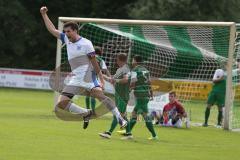 Landesliga 2015/16 - Relegation - SV Manching - SC Kirchheim - Loens Fabian #9 weiß Kirchheim trifft zum 1:1 Ausgleichstreffer - El-Mahmod Azad #5 Manching - Obermeier Thomas Torwart Manching - Foto: Jürgen Meyer