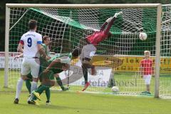 Landesliga 2015/16 - Relegation - SV Manching - SC Kirchheim - Loens Fabian #9 weiß Kirchheim trifft zum 1:1 Ausgleichstreffer - El-Mahmod Azad #5 Manching - Obermeier Thomas Torwart Manching - Foto: Jürgen Meyer