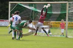 Landesliga 2015/16 - Relegation - SV Manching - SC Kirchheim - Loens Fabian #9 weiß Kirchheim trifft zum 1:1 Ausgleichstreffer - El-Mahmod Azad #5 Manching - Obermeier Thomas Torwart Manching - Foto: Jürgen Meyer