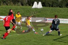 Kreisklasse - SV Zuchering - FC Hettenshausen - Weinrich Dennis #7 gelb Zuchering mit dem Tor zum 3:1 - Zoernthlein Mathias Torwart Hettenshausen - Mathees Chris #5 rot Hettenshausen -  Foto: Jürgen Meyer