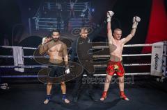 NIGHT 4 FIGHT, Stadttheater Ingolstadt, Kickboxen, K1, Europameisterschaft, Titelkampf ISKA EM bis 75 kg, Sieger nach Punkten Daniel Jäger (rote Hose) gegen Zsaiid Aydaev (schwarze Hose)