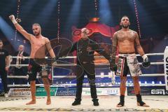 Stekos Fight Night 2018 - Kickboxen - Weltmeisterschaft - WKU Weltmeisterschaft Thaiboxen bis 76 kg, David Dardan Morina (GER) gegen Christian Guiderdone (ITA), Punktsieger Morina, Dardan Morina schwarze Hose