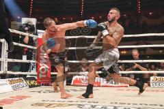 Stekos Fight Night 2018 - Kickboxen - Weltmeisterschaft - WKU Weltmeisterschaft Thaiboxen bis 76 kg, David Dardan Morina (GER) gegen Christian Guiderdone (ITA), Punktsieger Morina, Dardan Morina schwarze Hose