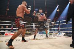 Stekos Fight Night 2018 - Kickboxen - Weltmeisterschaft - Thaiboxen, WKU Verband, bis 95 kg, Michael Smilok (GER) gegen Herausforderer Enver Sljiver (SUI), Sieger durch KO Michael Smolik, Michael Smolik rechts