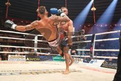 Stekos Fight Night 2018 - Kickboxen - Weltmeisterschaft - WKU Weltmeisterschaft Thaiboxen bis 76 kg, David Dardan Morina (GER) gegen Christian Guiderdone (ITA), Punktsieger Morina, Dardan Morina schwarze Hose