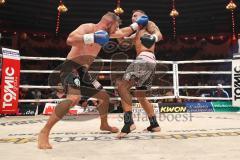 Stekos Fight Night 2018 - Kickboxen - Weltmeisterschaft - WKU Weltmeisterschaft Thaiboxen bis 76 kg, David Dardan Morina (GER) gegen Christian Guiderdone (ITA), Punktsieger Morina, Dardan Morina schwarze Hose