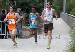 Halbmarathon Ingolstadt 2011 - von links, Heiko Middelhof, Gemechu Arasa und Christain Dirscherl auf der Fußgängerbrücke über die Westliche Ringstrasse