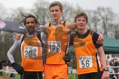 Neuburger Frühjahrswaldlauf 2013 - 7800 Meter - Lauf Cup - die Sieger, 204 Miguel Lenz (3.Platz), 176 Pirmin Frey (Sieger), 56 Dominik Lang (Zweiter), alle MTV Ingolstadt