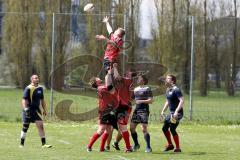 Rugby - Ingolstadt Baboons - Bamberg - mitte hoch #3 rot Baboons Ingolstadt Niklas Kaltenbeck - links rot Baboons Ingolstadt Daniel Hrubesch - rechts rot Baboons Ingolstadt Sebastian Bohmann - Foto: Jürgen Meyer