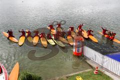 Triathlon Ingolstadt 2016 - Baggersee Ingolstadt - Mitteldistanz, der letzte Schwimmer kommt am Ausstieg an, Wasserwacht passt auf