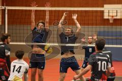 2023_11_25 - Landesliga - Saison 2023/24 - Volleyball - TV 1861 Ingolstadt - TSV Haunstetten -  - Duzak Niklas #20 blau links Ingolstadt - Nothaft Paul #1 blau Ingolstadt Lüttig Johannes #14 Haunstetten - Foto: Meyer Jürgen