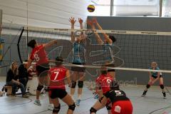 Volleyball Damen MTV Ingolstadt gegen TSV Obergünzburg - Tönnis K. und Schüller E. beim blocken(blau) -Foto: Jürgen Meyer