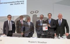 Audi - Jahrespressekonferenz 2015 - links Luca de Meo (Vorstand Vertrieb), Prof. h.c. Thomas Sigi (Vorstand Personal), Prof. Dr.-Ing. Hubert Waltl (Vorstand Produktion), Vorstandsvorsitzender Prof. Rupert Stadler, Axel Strotbek (Vorstand Finanzwesen) und 